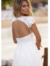 Short Sleeves Beaded Ivory Lace Tulle Keyhole Back Wedding Dress